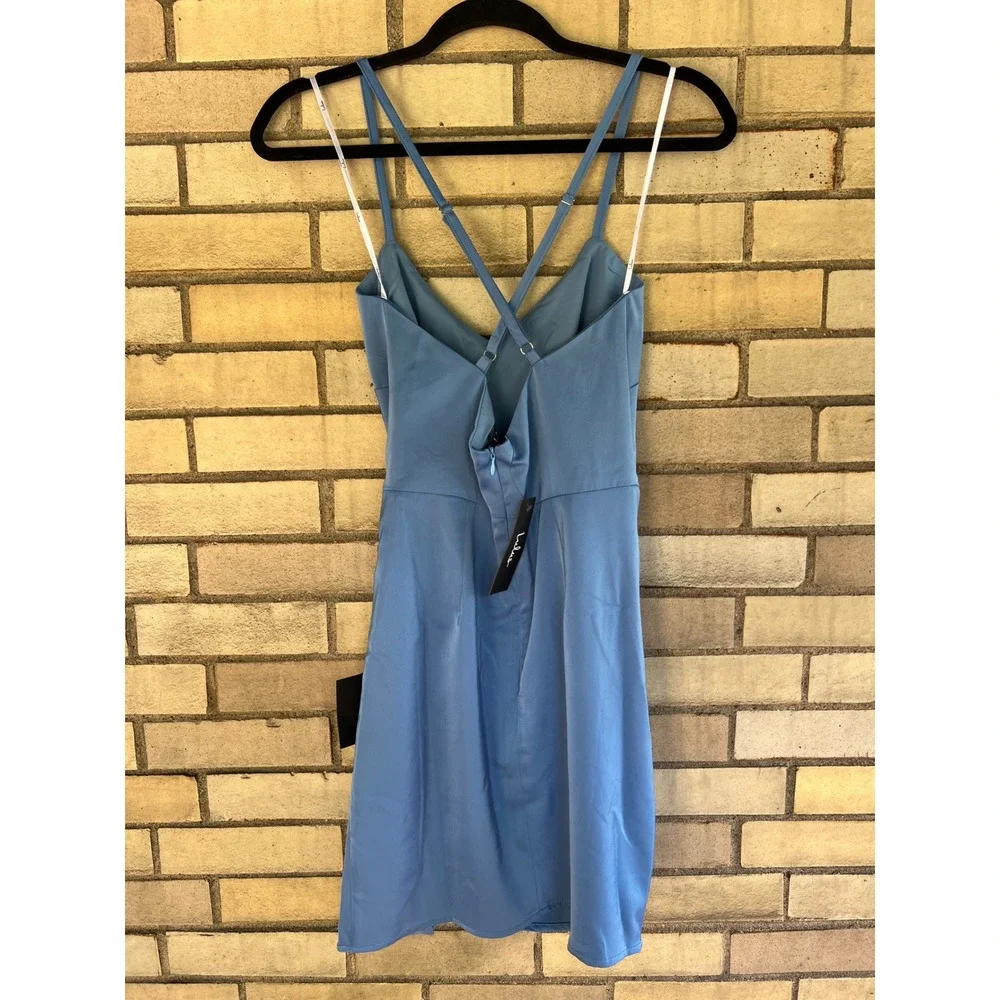 NWT Lulus Blue Satin Faux Wrap Mini Dress XS Party Cocktail Cross Back Straps - Picture 4 of 5